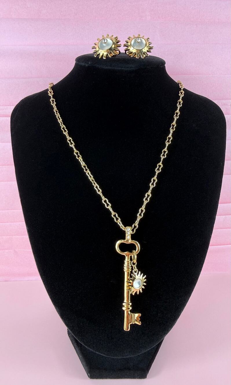 Vintage Avon Key Pendant Smithsonian Gold Tone 30" Necklace Clip Earrings Set
